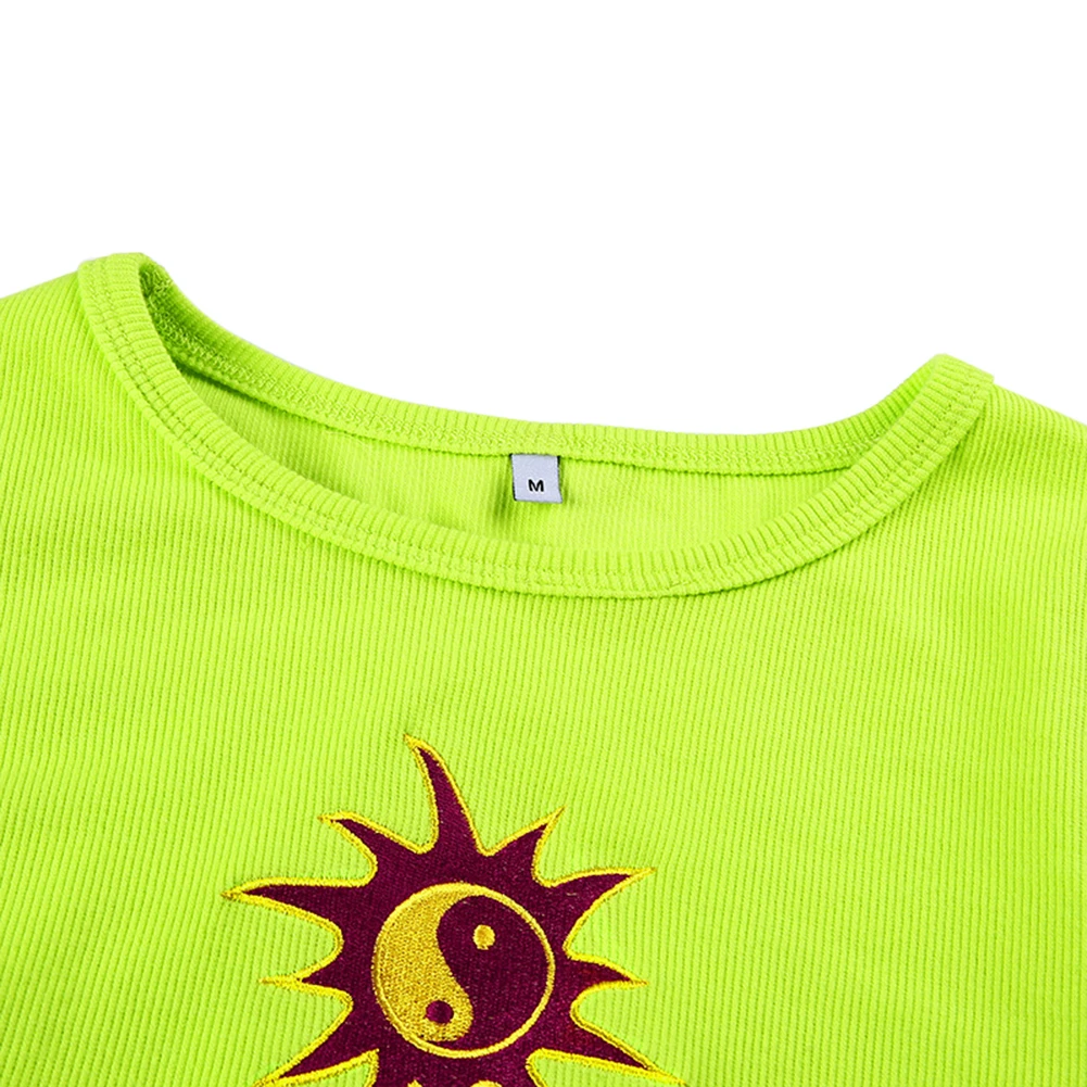 Женская модная неоновая зеленая футболка с вышивкой от солнца топы для девочек
