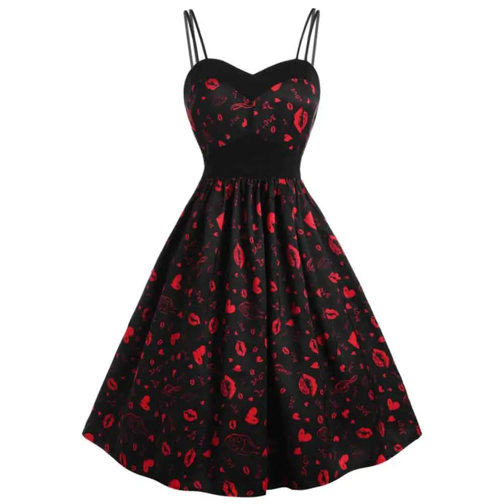 Summer Women Dress Lipstick Mark Spaghetti Strap Blackless High Waist Casual Office Ladies Work Dresses Retro Elegance Vestidos