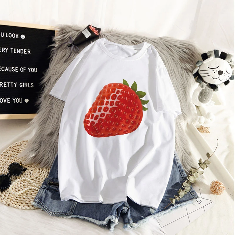 

Harajuku graphic T-shirt short sleeve Women's T-shirt cute strawberry apple funny printed T-shirt fashion casual white T-shirt