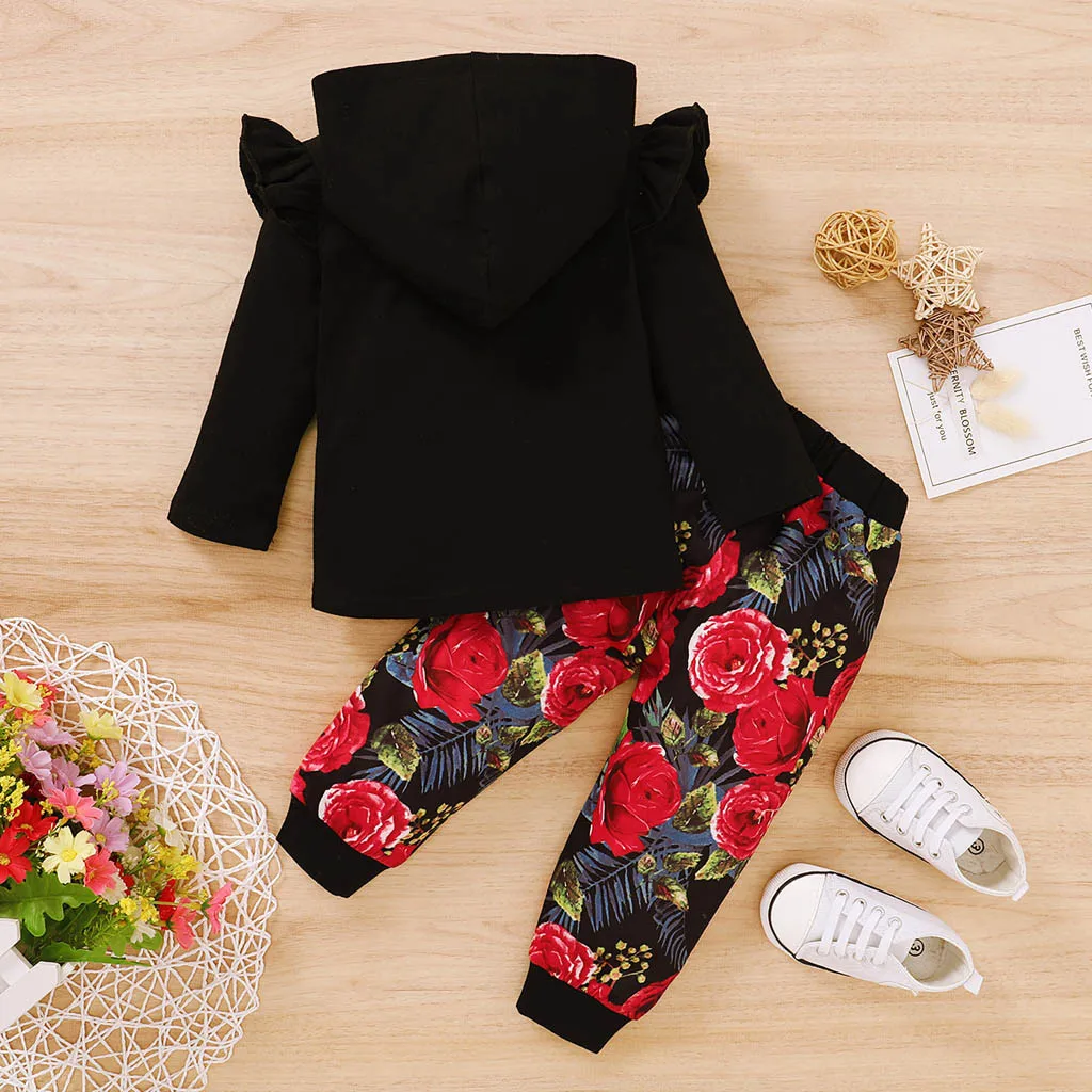 Newborn Baby Girl Clothes Set Cotton Long Sleeve Letter Print Hoodie Top+Floral Pants Outfits Cute Infant Clothing Suit