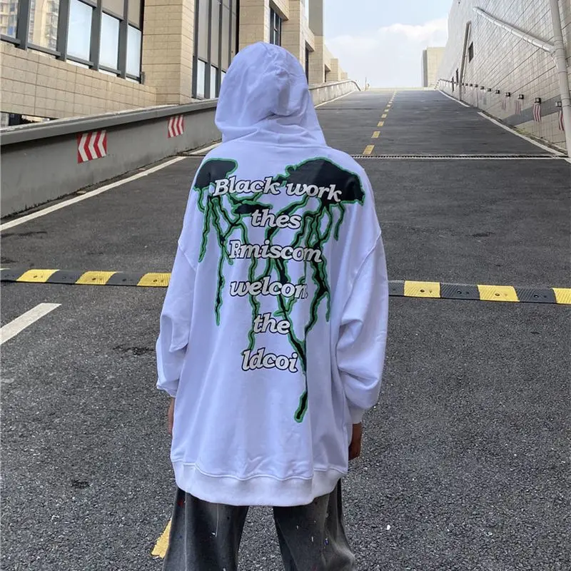 

Hoodie men lightning letter printed hooded sweatshirts autumn winter new high street hip-hop casual loose velvet hoodie clothes