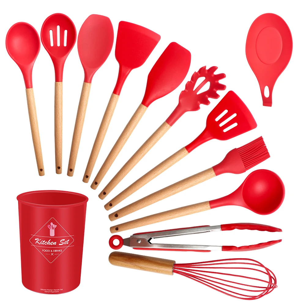 

Silicone Kitchenware Shovel Set Household Wooden Handle Cooking Tools Turner Spoon Kit with Storage Bucket 3 Colors Cookware