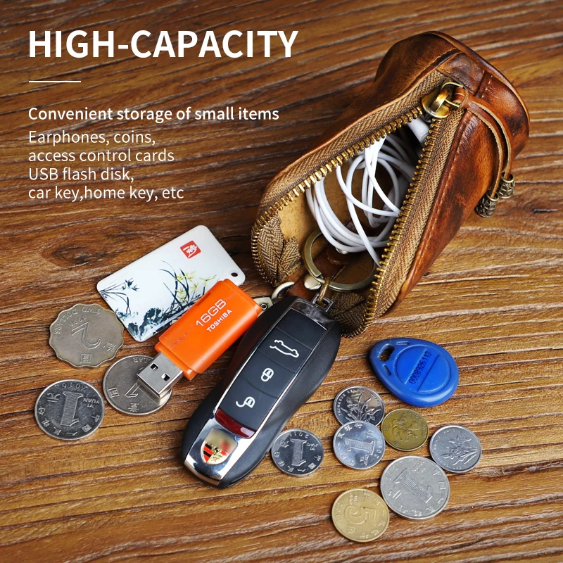 Brand New Men's Cowhide Leather Zipper Purse Bag Retro Car Key Wallets Fashion Multi-functional Housekeeper Holders