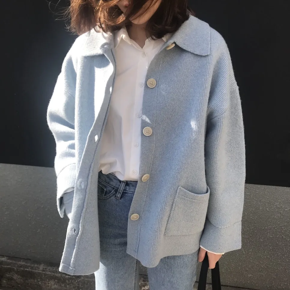 Корейский вязаный кардиган, свитер, женский зимний джемпер, Пальто Harajuku, элегантный повседневный Свободный кардиган с длинным рукавом, однобортное пальто