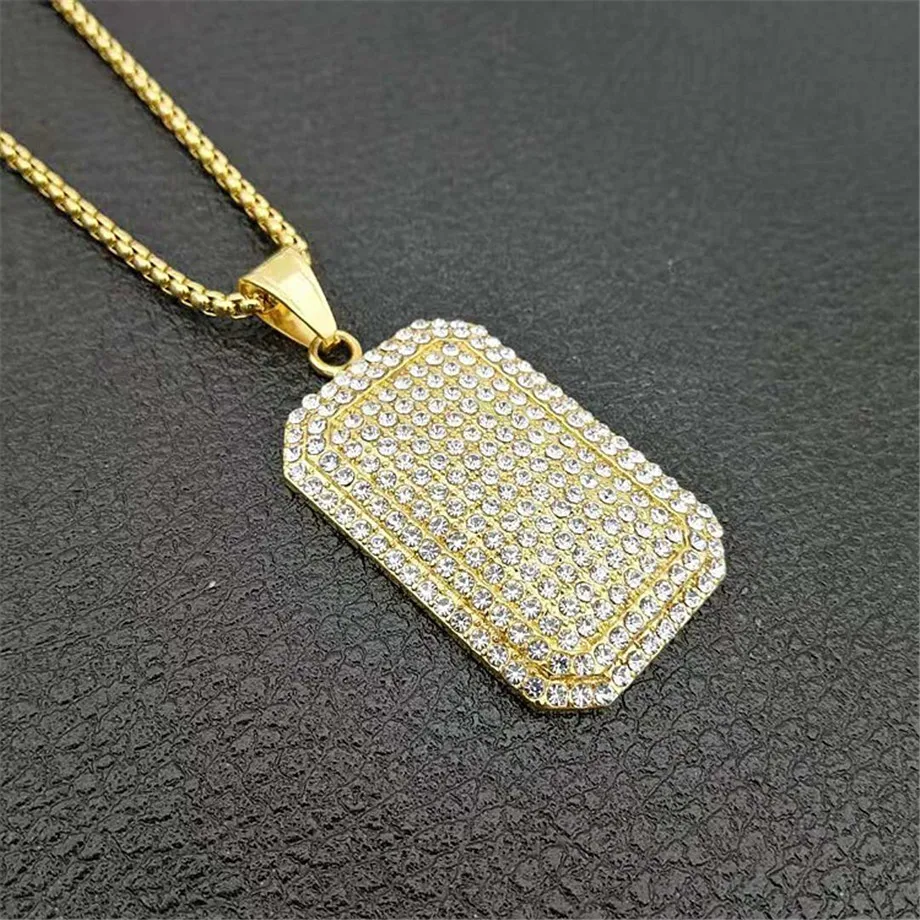 

Style Gold/Silver Color Full Rhinestones Iced Out Charm Square Dog Tag Pendant Necklace Hip Hop Bling Bling Jewelry