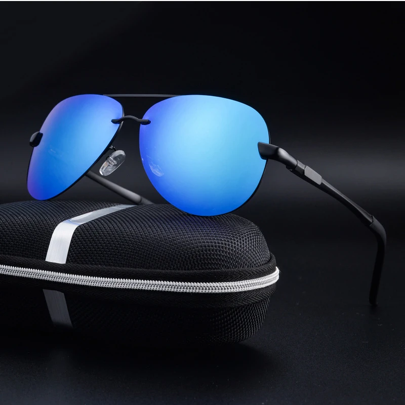 Поляризированне без оправы для вождения солнцезащитные очки Meatl Frame Blue Mirror UV400 Солнцезащитные очки для мужчин с коробкой