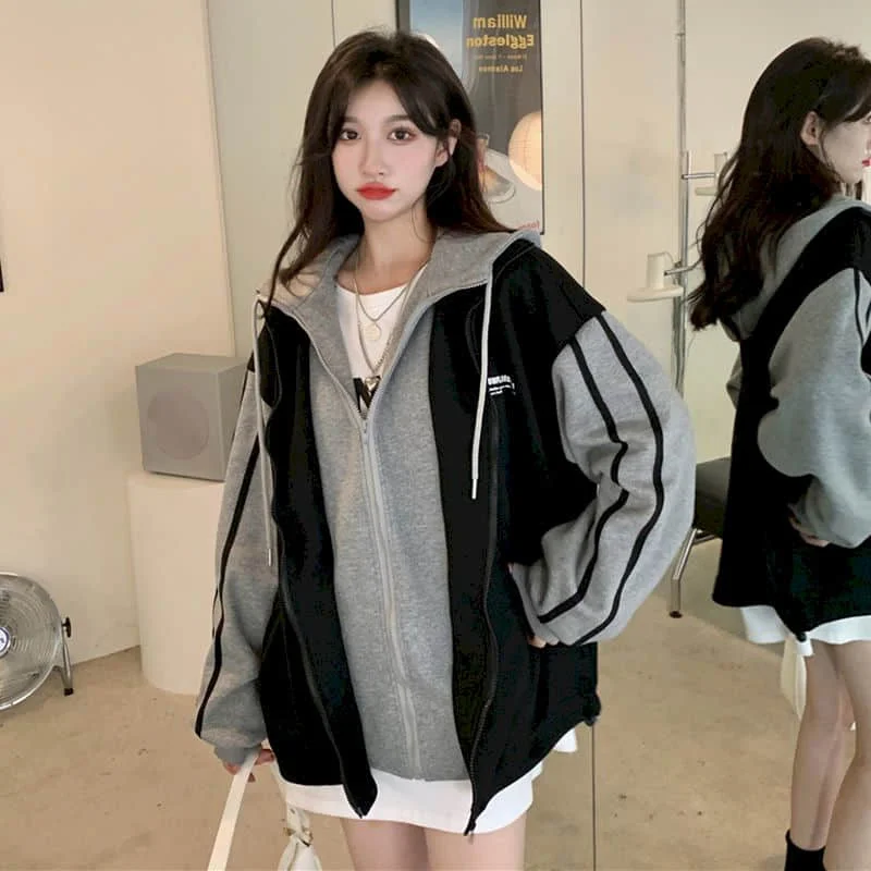 

Hooded Jacket Women Autumn And Winter 2022 New Retro Hong Kong Flavor Fake Two-piece Contrast Color Stitching Letter Long-sleeve