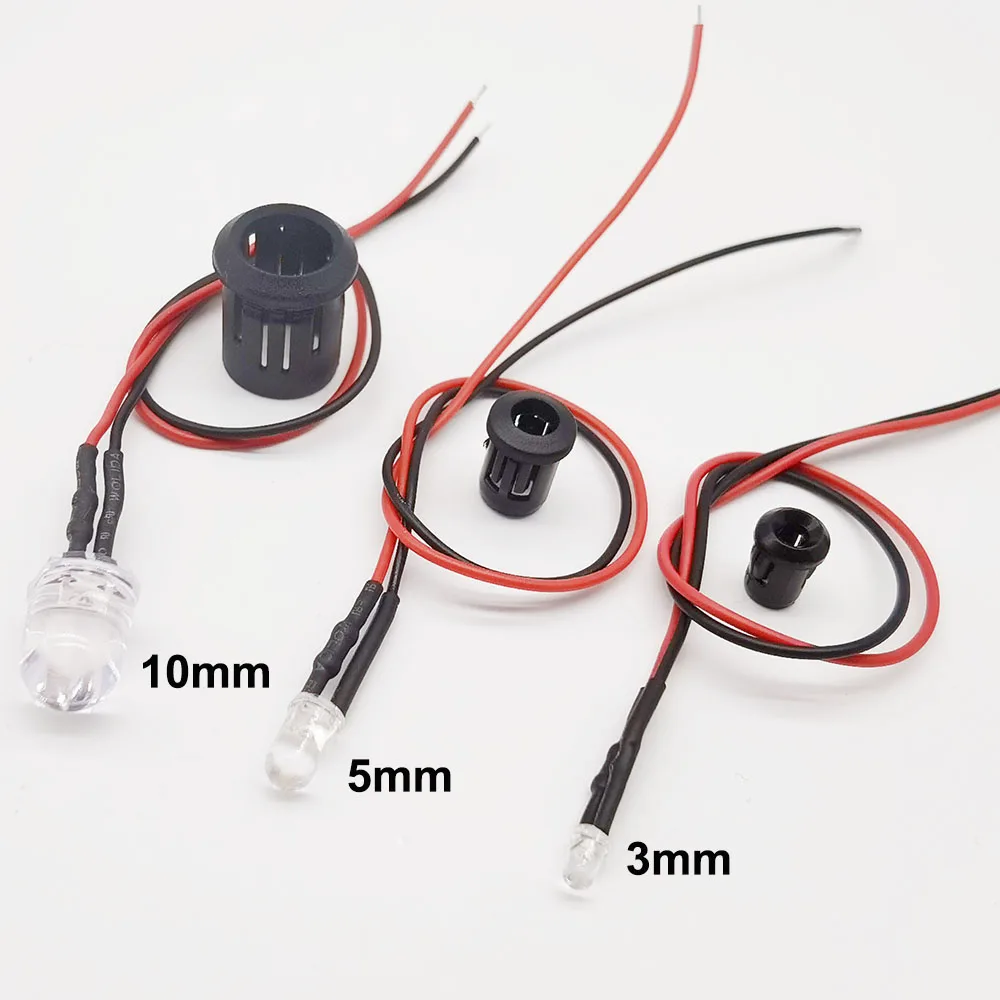 10-100pcs 3mm/5mm/10mm Red/Green/Blue/RGB white UV DC12V Round Pre-Wired Water Clear LED With Plastic Holder | Освещение