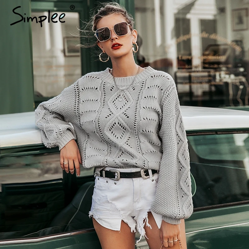 Simplee Autumn winter women knitted sweater Elegant lantern sleeve thick female Hollow out fashion ladies 2019 | Женская одежда