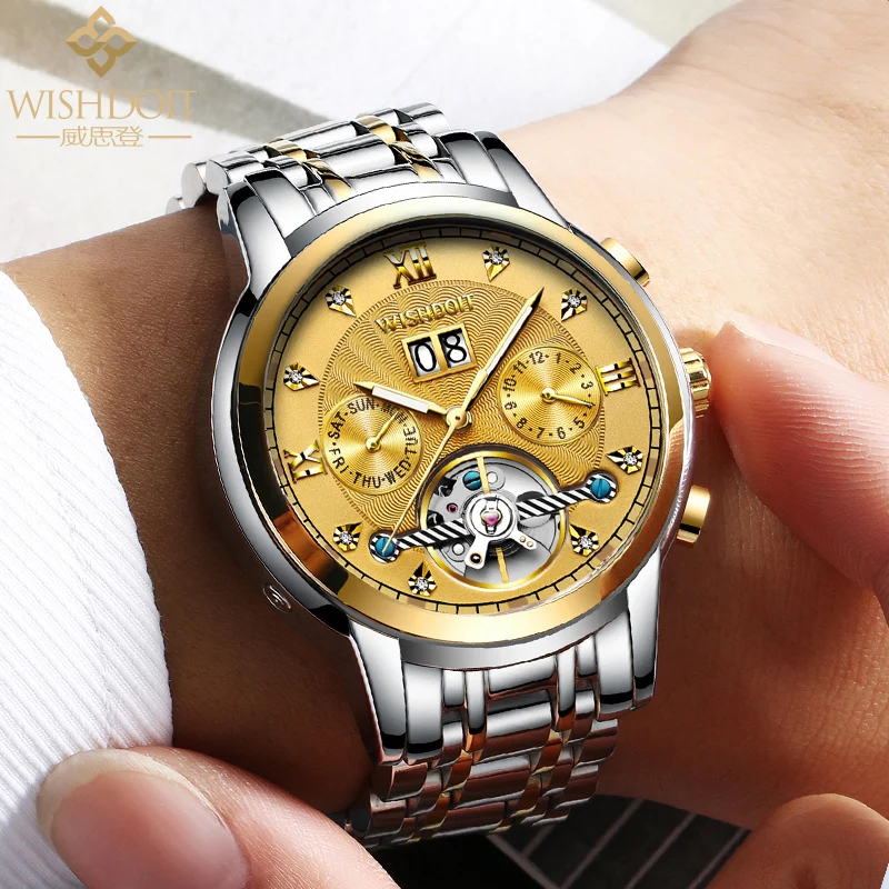 

WISHDOIT Original Design Men's Automatic Watch Hollow Tourbillon Mechanical Watch Stainless Steel Waterproof Men's Watch Gold