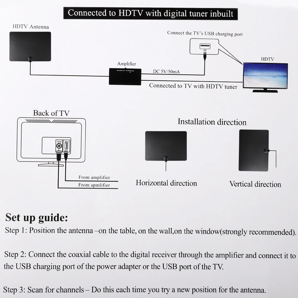 Диапазон 120 миль с усилителем сигнала усилитель антенна для цифрового ТВ