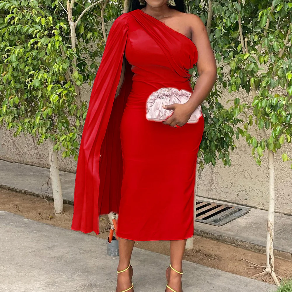 

Plus Size Summer Dress Women Sloping Shoulders Solid Color Pleated High Waist Tight-fitting African Fashion Dresses