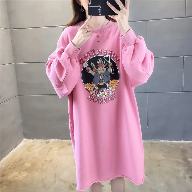 

Women Long Sweatshirt Dress Letter Cartoon Patern Long Sleeve Korean Preppy Style Loose Autumn Winter Girl's Sweatshirts A80