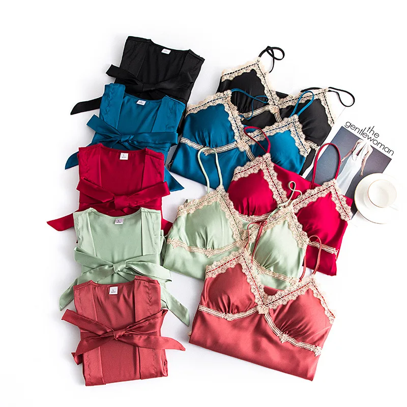 

Satin Women 5PCS Robe Set Silky Pajamas Suit Sleepwear Lace Intimate Lingerie Nightwear Soft Pijamas Homewear Sexy Pijamas