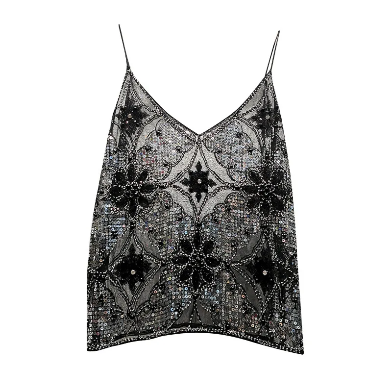 

High Quality New Style Women Beads Embroidery Sequin Halter Vest Women's Transparent Black Crop Top Sexy Female Sheer Mesh Tops