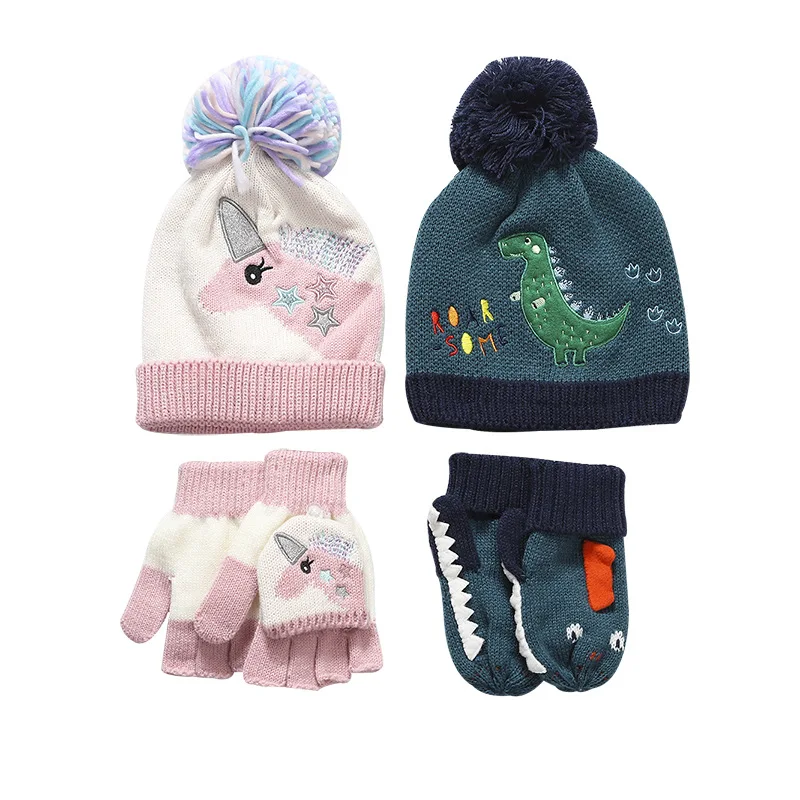 

Dinosaur Unicorn Thick Warm Baby Girl Boy Knitting Hat Warm Cartoon Glove Wool Cap 3-8 Years Kids Hats Photography Props Winter