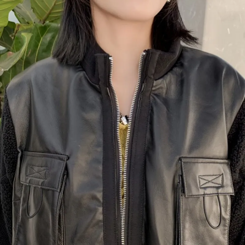 Safari Style Sheepskin Knitting Long Sleeve Trench Coat Female Streetwear Designer Loose Zipper Genuine Leather Outerwear Jacket | Женская