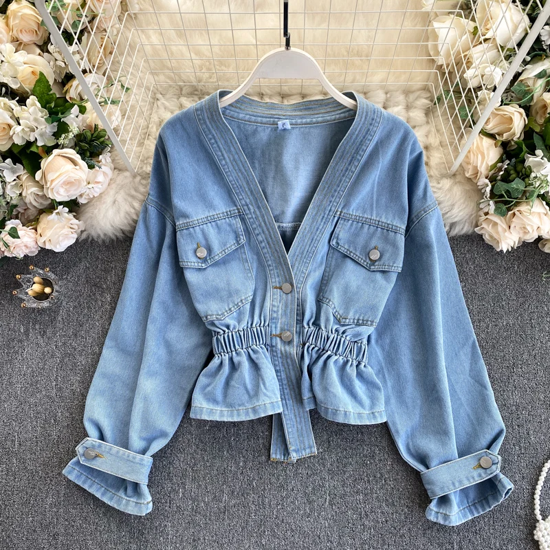 

Ins Retro Popular Denim Jacket Women V-neck Elastic Waist Peplum Sweet Design Jean Top