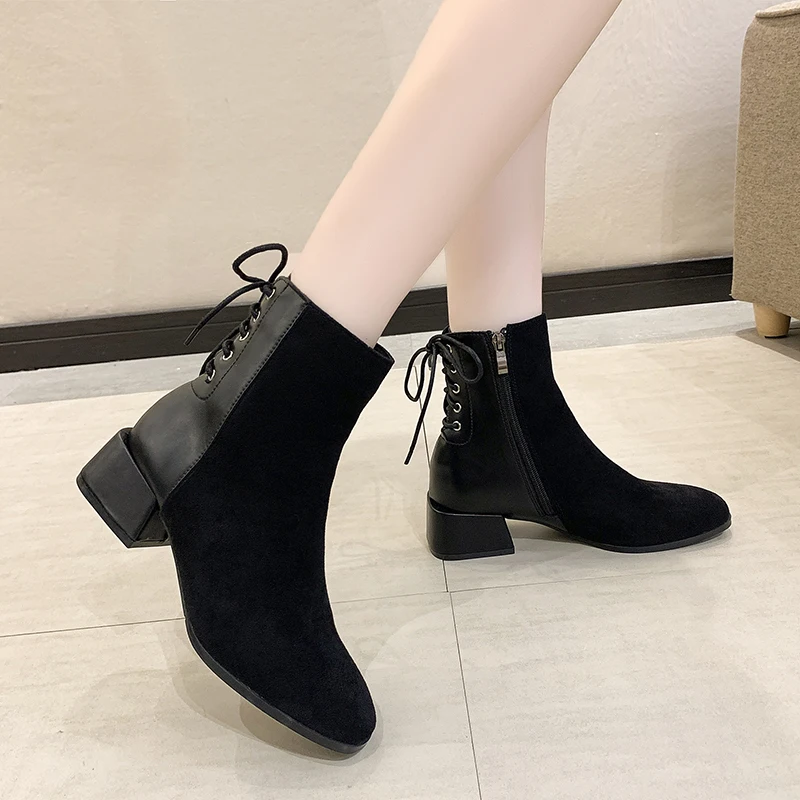 

2021 New Fashion Platform Women's Short Boots Knight Boots Lace-up Zipper Mid-heel Round Head Women's Martin Ankle Boots