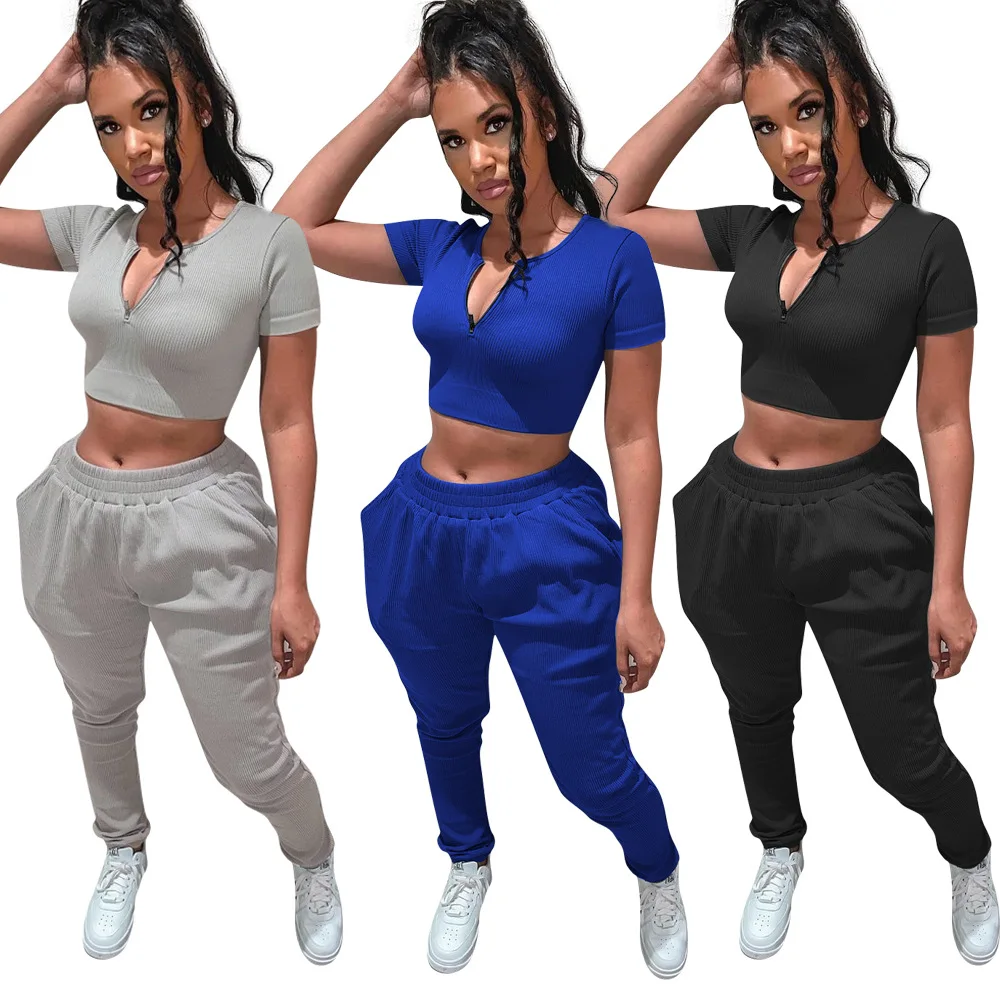 

17F8333 Sprint Летняя женская Повседневная мода однотонный плиссированный спортивный комплект из двух предметов с пупком топ и брюки спортивный ...