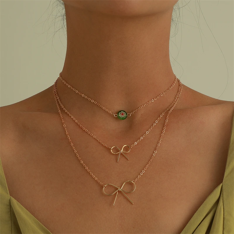 

Vintage Bow Pendant Necklace For Women Gold Silver Color Multilayer Chain Choker Green Beads Charm Necklaces Female Jewelry