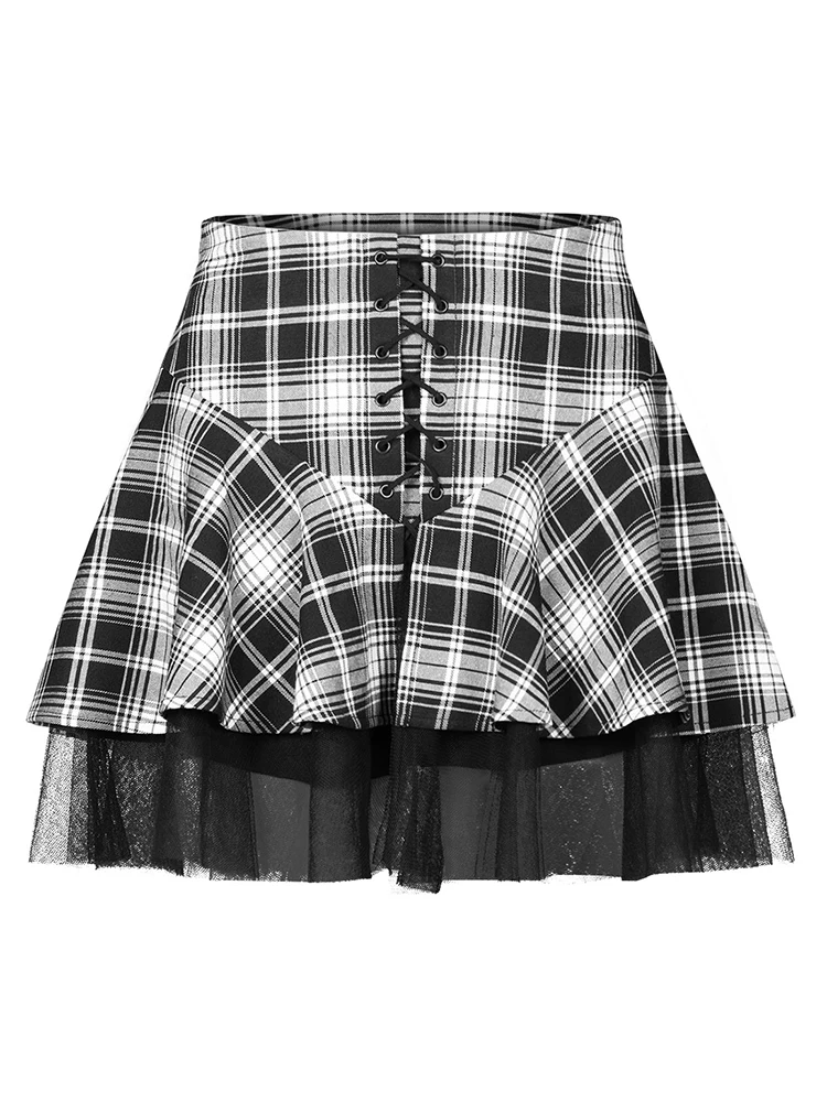 Панк рейв Женская клетчатая юбка с лямками нерегулярная Многослойная сетка