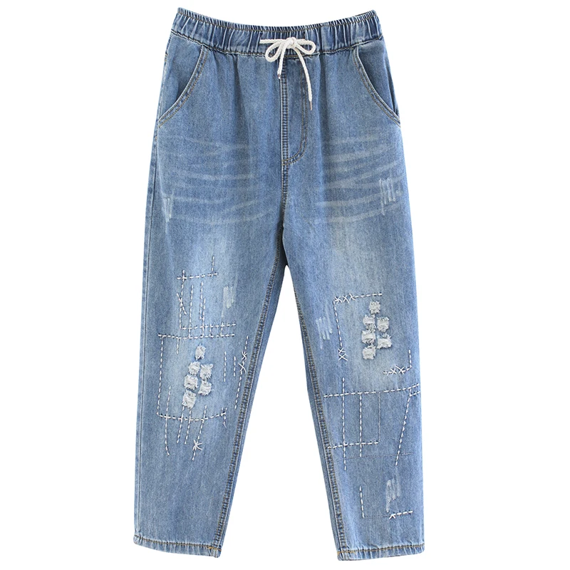 

6854 Women Jeans Tassel Ripped Hole Ins Trend Streetwear Harlan Thin Drawstring Casual Loose All-Match Female Nine-Point Pants