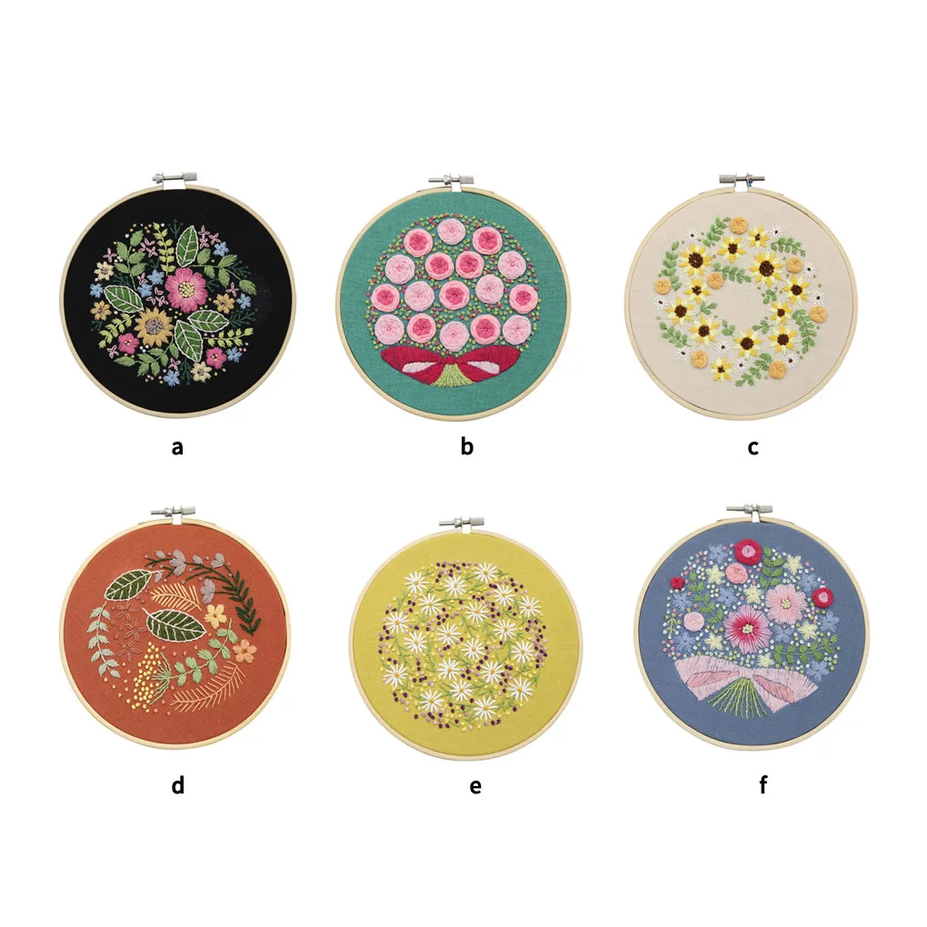 

DIY Stamped Embroidery Starter Kit With Flowers Plant Black Flower Pattern Embroidery Cloth Color Threads Tools Kit For Beginner