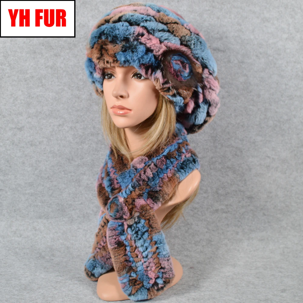 Новые Вязаные модные уличные Настоящий мех кролика шапка и шарф женская из меха