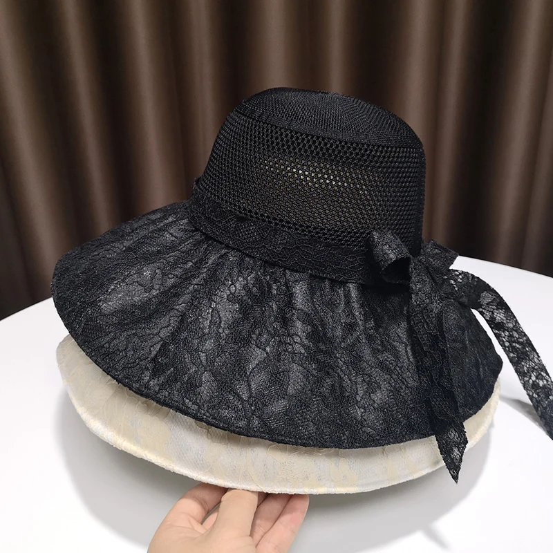 

Large Brimmed Bow Sun Hats Women Thin Lace Bowknot Sweet Bucket Hat 4 Colors Spring Summer Beach Sun Protectors Caps 54-58cm
