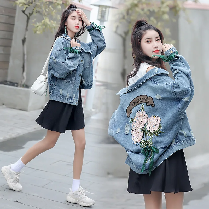 Женская джинсовая куртка повседневные плотные джинсы с карманами и вышивкой 3D