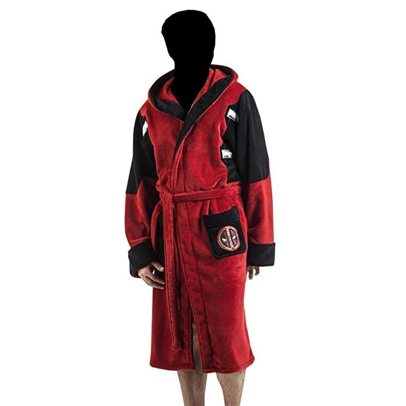 Movie Deadpool Bathrobe Adult Unisex Winter Warm Flannel Hooded Pajamas Halloween Deadpool Cosplay Costume Sleepwear Robe