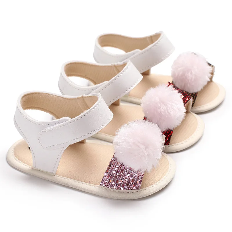 

Newborn Kids Cute Plush Ball Princess Open Toe Beach Shoes Summer Little Children's Toddler Shoes New Baby Girls First Walkers