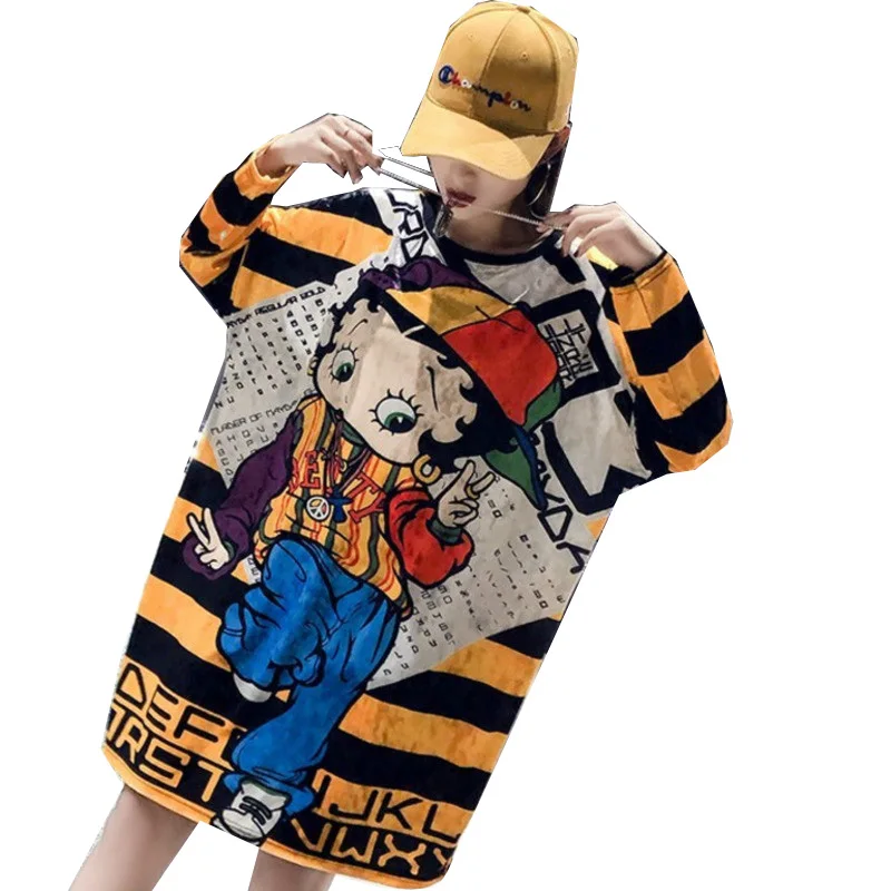 Байковое женское платье с длинным рукавом весеннее рисунком из мультфильма