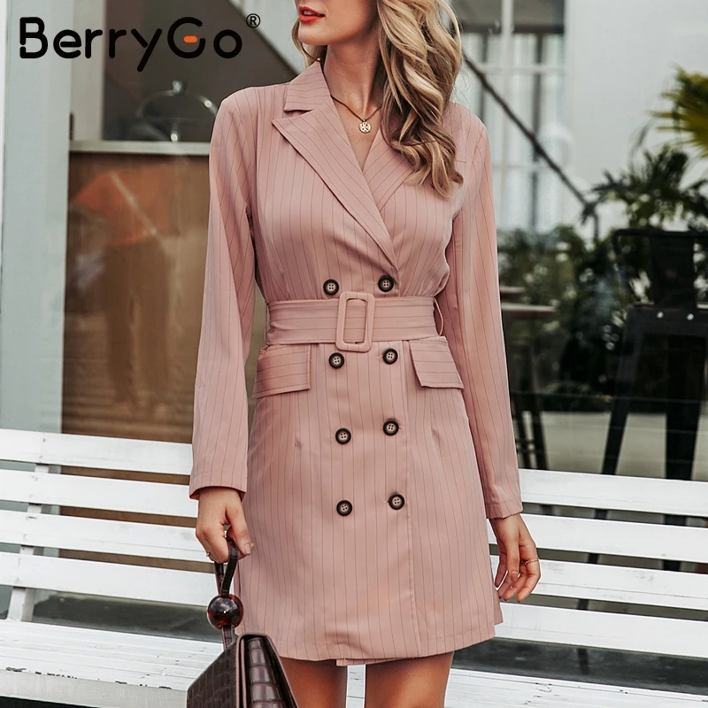 BerryGo элегантное Полосатое женское платье-Блейзер Осень-зима двубортное платье