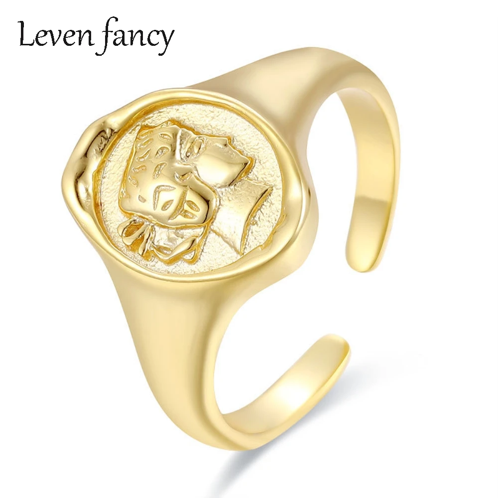 

925 Sterling Silver Portrait Statement Women 18k Gold Ring Jewelry Lady Embossed Oval Medal Open Rings in S925