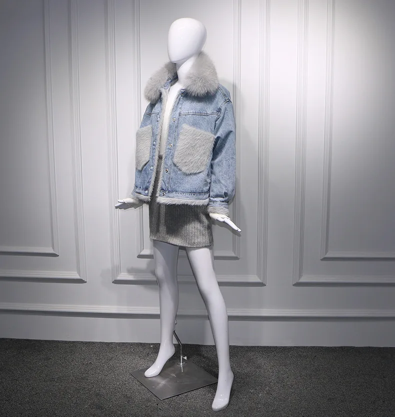 Женская куртка из джинсовой ткани свободная флисовая с воротником натурального