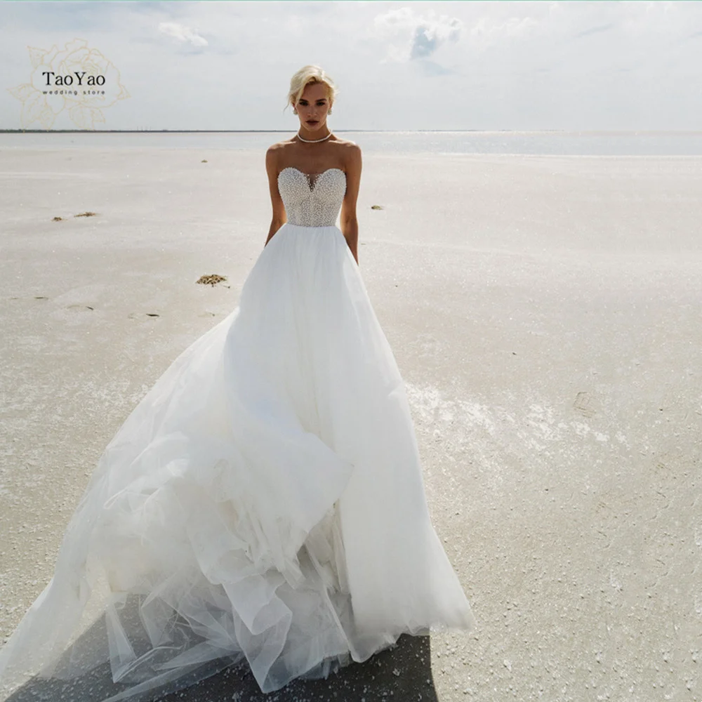 

Sexy Corset Wedding Dresses for Wpmen Strapless Sleeveless Pearl Tulle Bridal Gown Vestidos De Novia White Marriage Dress