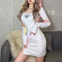 2021 winter women solid color sexy long sleeve hollow fashion embroidered bag hip dress printed side slit mini dresses robes