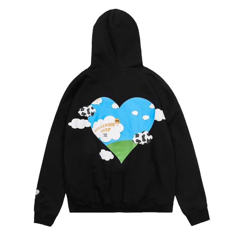 

Harajuku Streetwear Hoodies Men Embroidered Heart Fleece Hooded Sweatshirts Hip Hop Casual Fashion Outerwear Loose Tops Unisex
