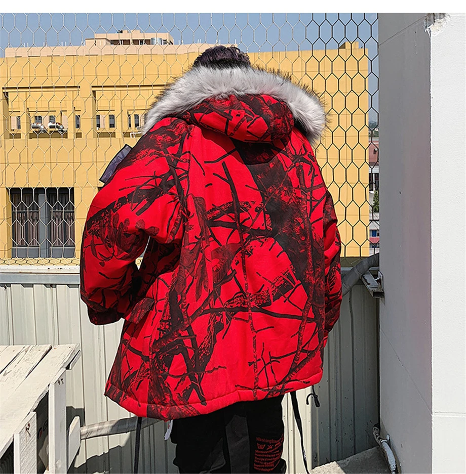 Winter Hip Hop Parkas Men Camouflage Jackets Fur Collar Hooded Thick Windbreaker Coats Outwear Streetwear Plus Size HZ158