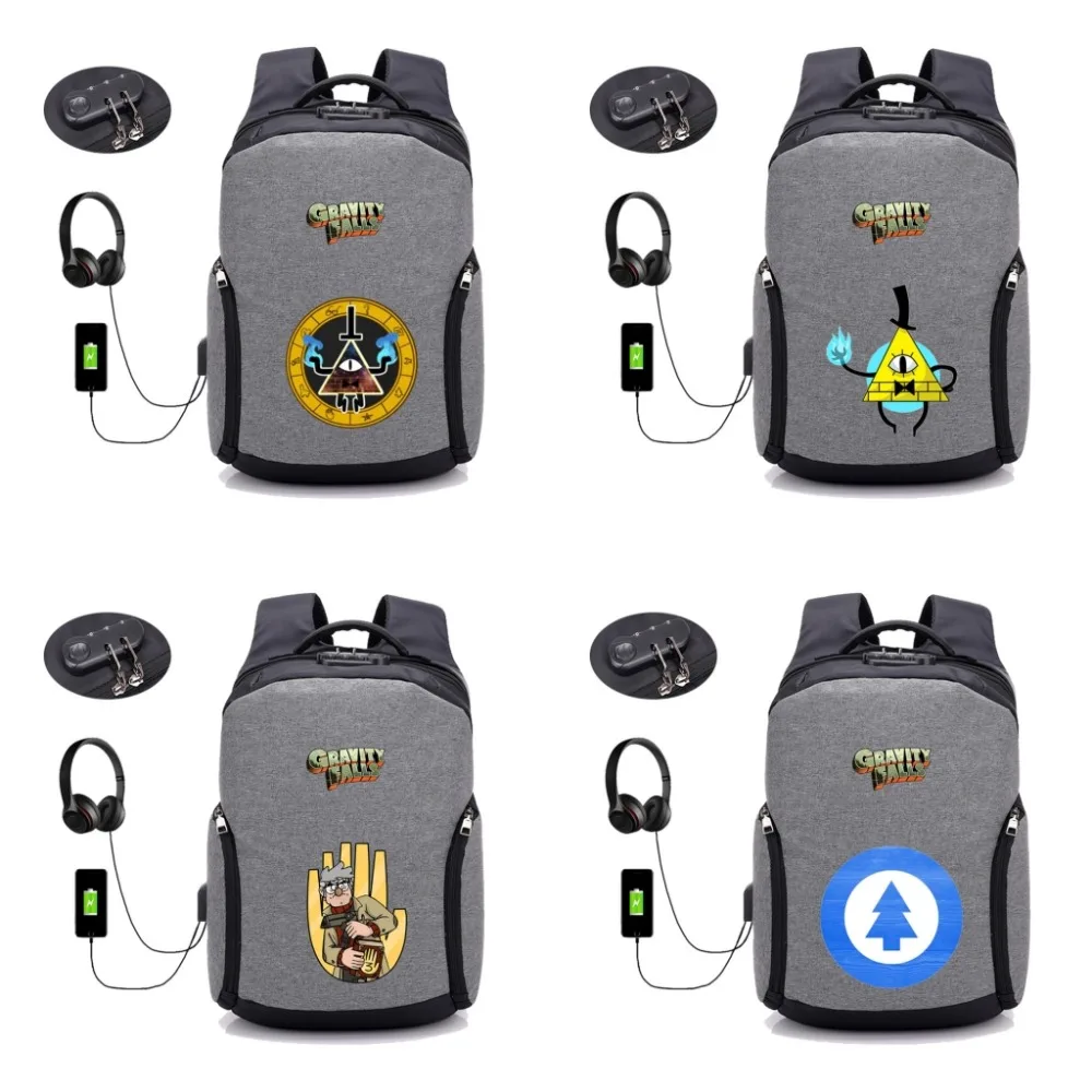 Рюкзак для игры аниме Гравитация Фолс USB зарядка паролем мужчин и женщин Дорожная