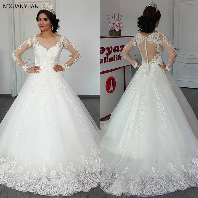 

Delicate Tulle V-neck Neckline A-line Wedding Dress with Lace Appliques Long Sleeves Bridal Gowns Vestido De Noiva Curto