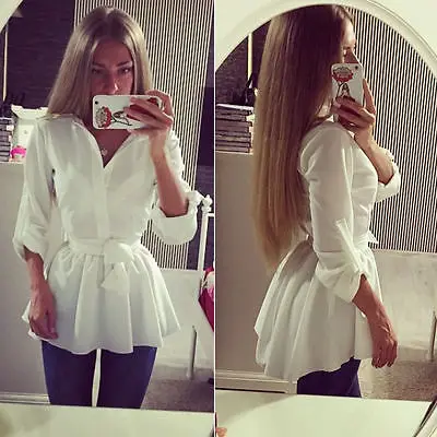 

NEW Women's white Blouse Shirt Long Sleeve V-neck belt Down Official attire Tops Ladies Slim clothes