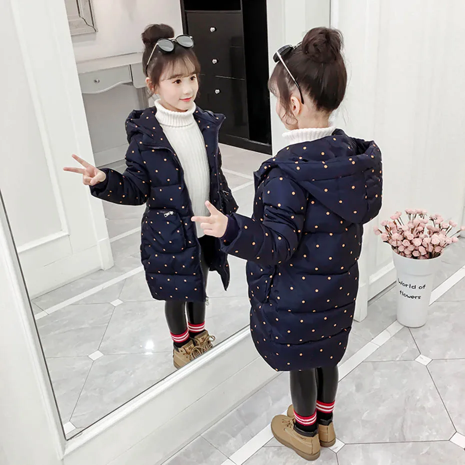 Witer Coat For Girl Dot Pattern Girls Coats Parka Fashion Children's With Hoodies Teenage Clothes 6 8 10 12 14 Year | Детская одежда
