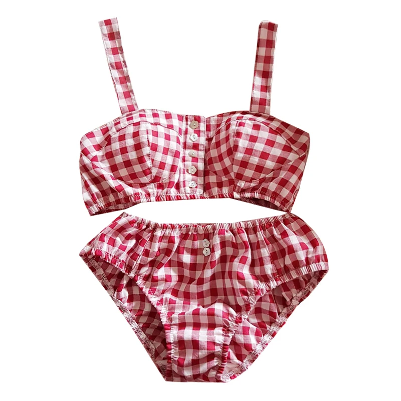 French Vintage Small Fresh Red Green Plaid Button Strapless Underwear Set Mori Girl Sexy Lolita Princess Bra & Brief Sets