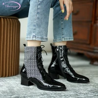 casual style round toe genuine leather paint ankle boots lace up plaid zipper medium heel thick riding boots womens shoes