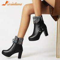 karinluna ins hot new arrival female cross tied round toe thick heels boots solid zipper platform ankle boots women