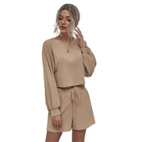 tracksuit women khaki casual long sleeve shorts sets 2021autumn fashion two piece o neck pullover pant suits