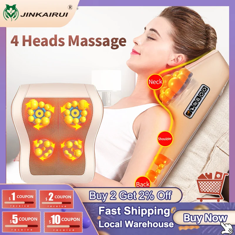 Jinkairui 4 Heads Electric Neck Back Lumbar Cervical Massage Pillow Vibrating Shiatsu with Infrared Heated Car Home Dual Use